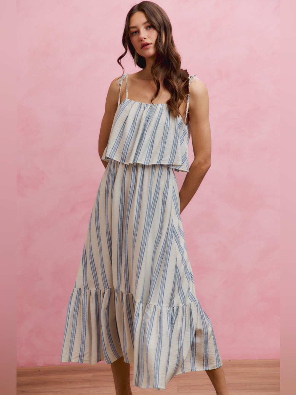 SO ME Stripe Tiered Shoulder Tie Midi Lined Dress - Picture 5 of 15
